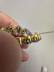 Clear AB Aurora Borealis Rhinestone Prong Dbl Circle Gold Tone Brooch Estate Vtg