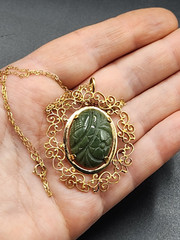 Vintage Van Dell Carved Jade Gold Filled Pendant Necklace
