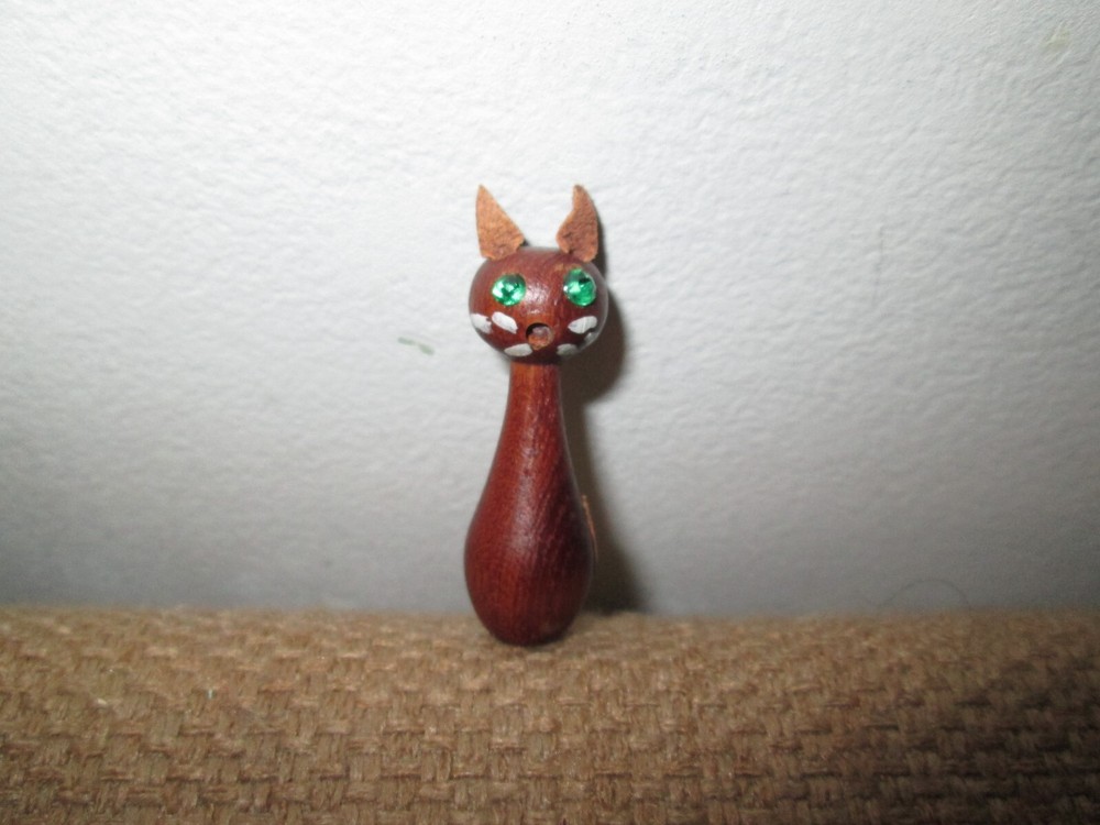 Vtg MCM Danish Teak Wood Cat Brooch w/ Leather Ears + Tail and Rhinestone Eyes