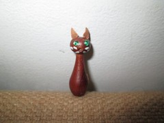 Vtg MCM Danish Teak Wood Cat Brooch w/ Leather Ears + Tail and Rhinestone Eyes