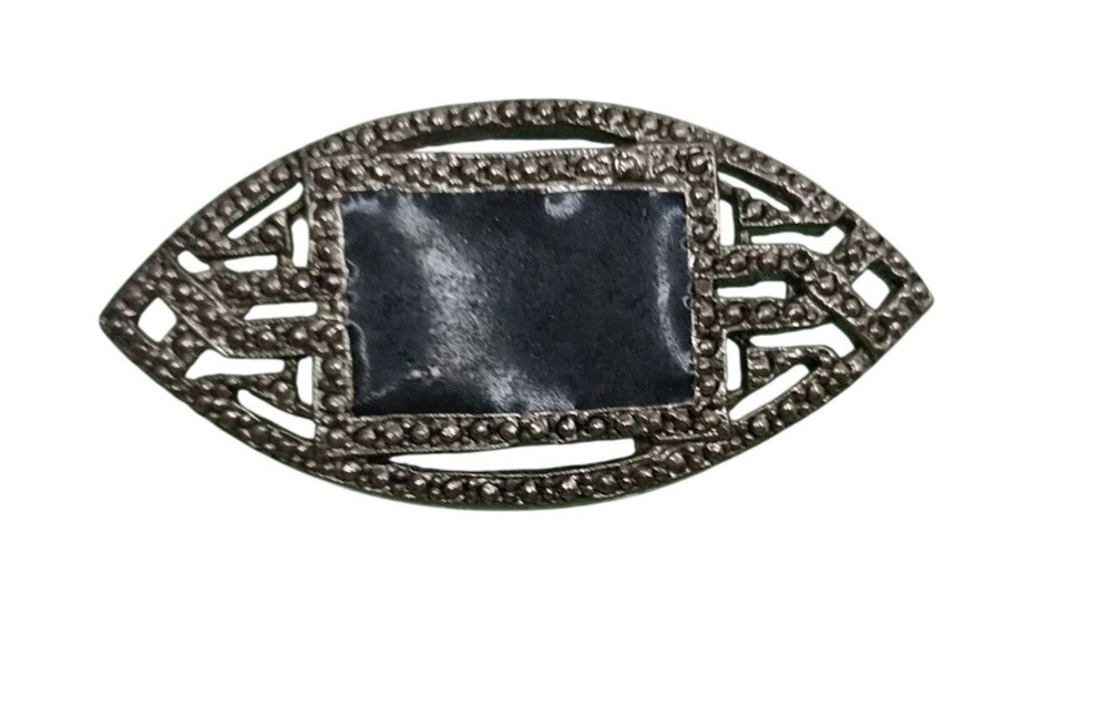 Vintage Marcasite Brooch With Black Stone Inlay Oval Shape Jewelry Piece