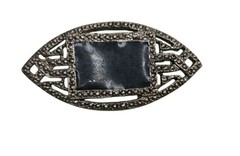Vintage Marcasite Brooch With Black Stone Inlay Oval Shape Jewelry Piece