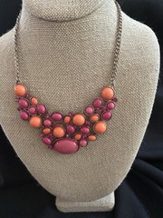 Vtg Statement Jewelry Set Pink Orange Cabochon Bib Necklace & Clip-on Earrings