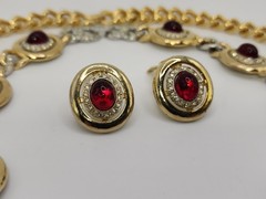 VINTAGE KENNETH LANE RARE 3 PIECE NECKLACE & EARRING SET GOLD RED CABOCHON