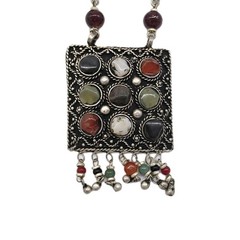 Vintage Tribal 9-Stone Pendant Necklace Boho Ethnic