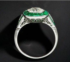 Vintage Art Deco Style Lab Created Diamond & Emerald Engagement 925 Silver Ring