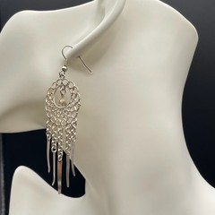 Vintage Silver-Tone Spike Tassel Dolphin Dangle Chandelier French Wire Earrings
