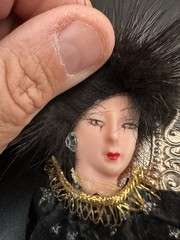 VTG Lady Face Brooch Pin Black Fur Feather Hat Faux Pearls Art Deco Statement