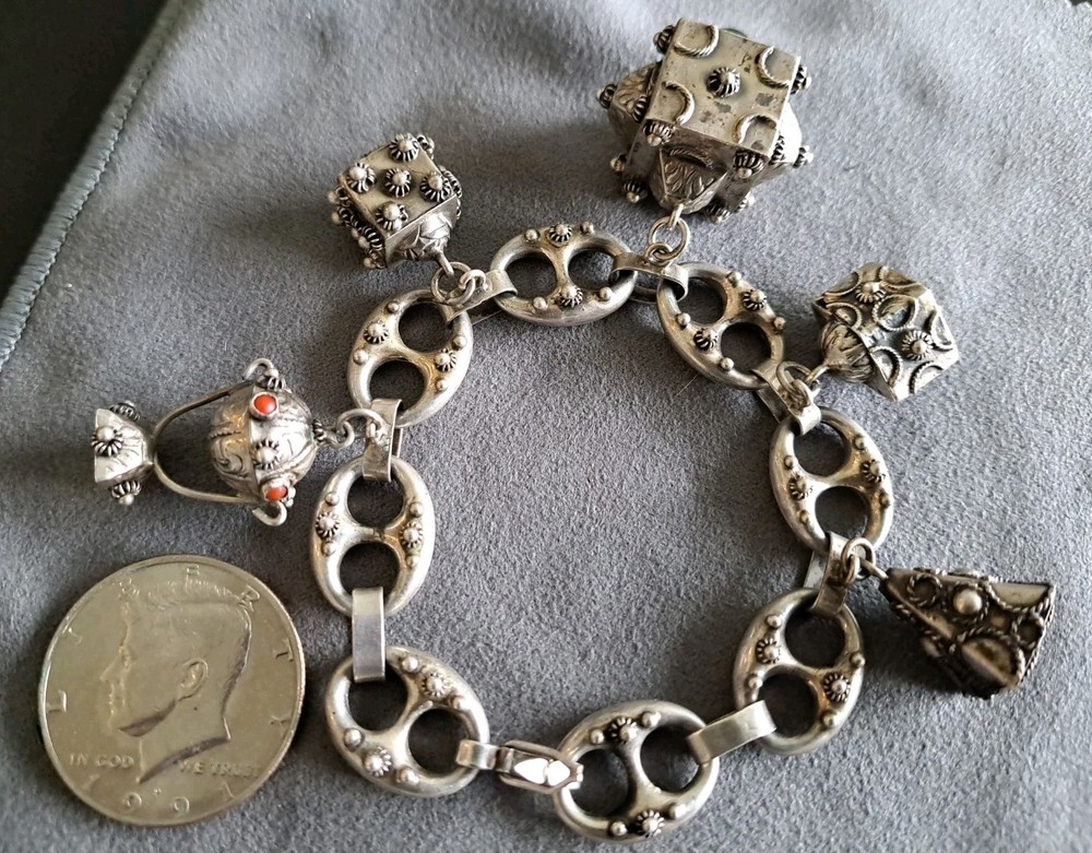 Vintage Etruscan 800 Silver Charm Bracelet With Fob Charms Ornate 7.5″ Coral