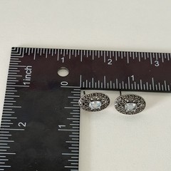 Vintage 925 Sterling Silver Blue Topaz & Marcasite Oval Pierced Stud Earrings