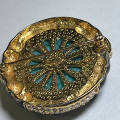 VTG Ciner Peking Green Glass Brooch Cabochon Gold Black Rhinestone, 2.25”x1.75”