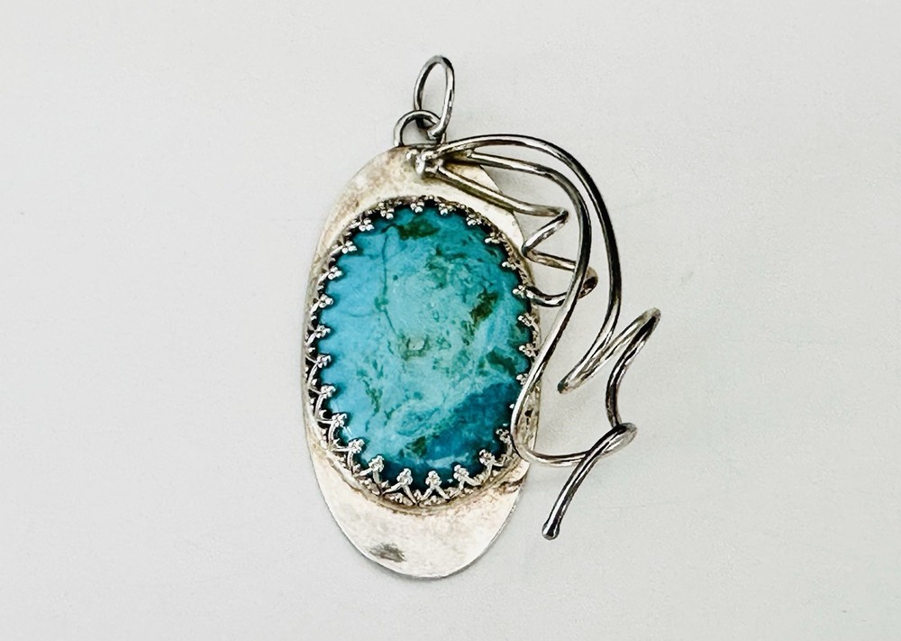 Sterling Silver 925 Abstract Turquoise Vintage Modernist Retro Pendant Handmade