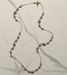 Vintage Monet Long Faux Pearl Station Bead Necklace Toggle Clasp Signed Layering
