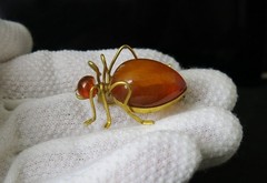 Vintage Natural Baltic Amber Beetle Brooch USSR Gold-Plated Pin 1962s