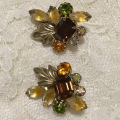Vintage Rhinestone Clip On Earrings Green Brown yellow Fruit Salad Autumnal Fall