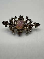 Faux Fire Opal Brooch Rustic Gold Tone Pin Rhinestone Vintage 1.5”