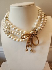 Unsigned Miriam Haskell Vintage 4 Strand Faux Pearl Necklace Gold Mesh Bow Flaws