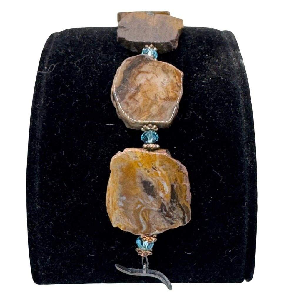 Vtg Petrified Wood Slab Panel Blue Crystal Bracelet Sterling Silver Leaf Clasp