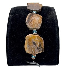 Vtg Petrified Wood Slab Panel Blue Crystal Bracelet Sterling Silver Leaf Clasp