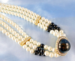 Vintage Faux Pearl Necklace Black White Beaded Multi Strand w/ Crystals