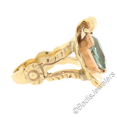 Retro Rosy Yellow Gold Unique Shape Aquamarine in Scalloped Shell Split Ring