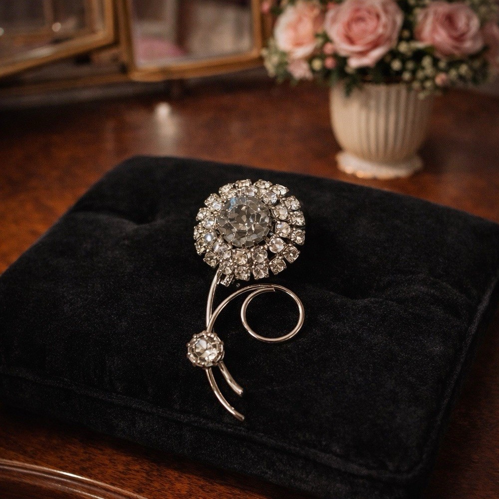 Vintage Rhinestone Flower Brooch – Smoky Gray Center – Clear Stones – 2.25”
