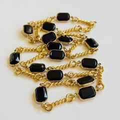 VTG Regal gold link necklace black open bezel Chicklet statement runway 90s 30″