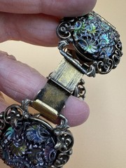Vtg Judy Lee Peacock Carnival Art Glass Panel Bracelet Renaissance Revival