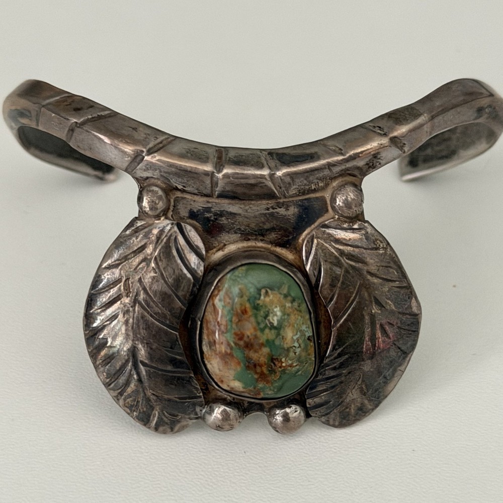 Vintage Sterling Silver Native American Cuff Bracelet Green Turquoise Signed G