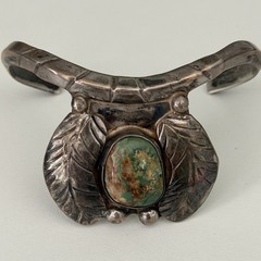 Vintage Sterling Silver Native American Cuff Bracelet Green Turquoise Signed G