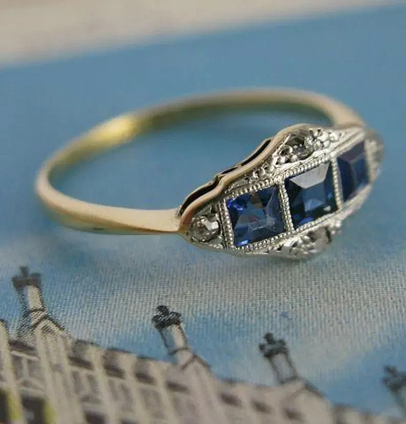 Vintage Art Deco Style Blue Sapphire & Diamond 14K Gold Finish Anniversary Ring