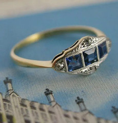 Vintage Art Deco Style Blue Sapphire & Diamond 14K Gold Finish Anniversary Ring