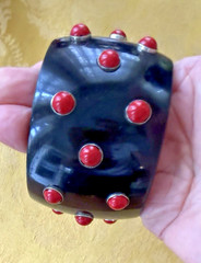 BIG Vtg 2” Black Resin Sterling Inset Red Coral STATEMENT Bangle Bracelet