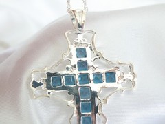Large Sterling Silver 925 Heated London Blue Topaz Cross Pendant Necklace
