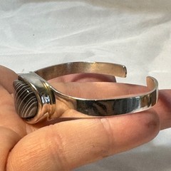 Black Lace Agate Bezel Set Cuff Bracelet 925 VTG Sterling Silver 2.25” Diameter