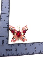 Vintage Gold Tone Red Pink Aurora Borealis Butterfly Rhinestoone Brooch Pin