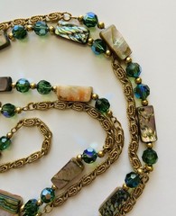 Vintage 80s NAPIER Necklace Abalone Mother Of Pearl & Green Crystals Boho Fairy