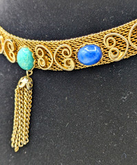 Vintage Gold Tone Mesh Choker Tassel Necklace Lapis Jadeite Stone Cabochons