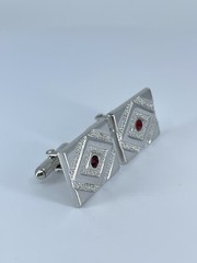 Swank rectangle cufflinks red rhinestone brushed polished silver tone