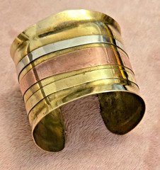 Artisan Wide Mixed Metal Brass-Copper-Sterling Silver Cuff Bracelet