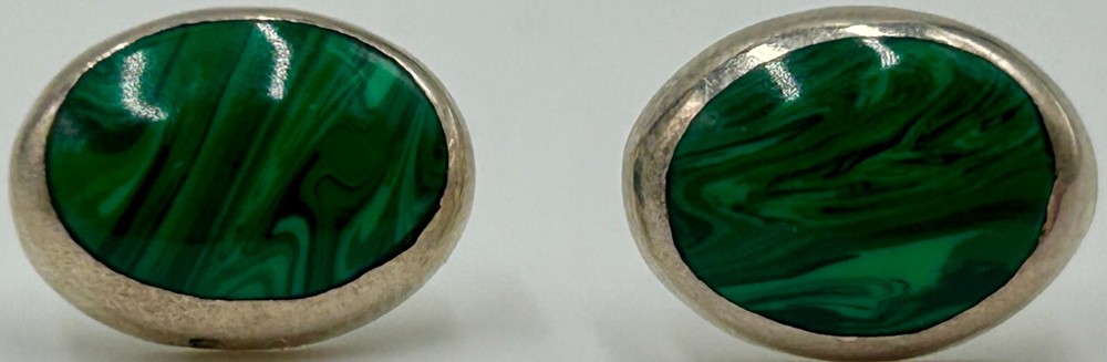 Vintage TF-26 925 Sterling Silver Malachite Earrings Made In Mexico