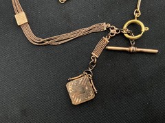 Antique Gold Filled/Plated Pocket Watch Chain Necklace With Locket & T-Bar