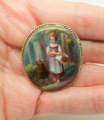 Vintage 14K Gold Numbered Hand Painted Porcelain Girl with Dog Brooch – LB3155