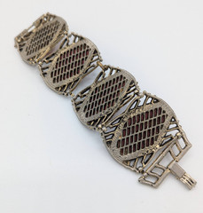 Vintage Selro Selini Red Confetti Lucite Panel Bracelet Coffin Chunky Wide MCM