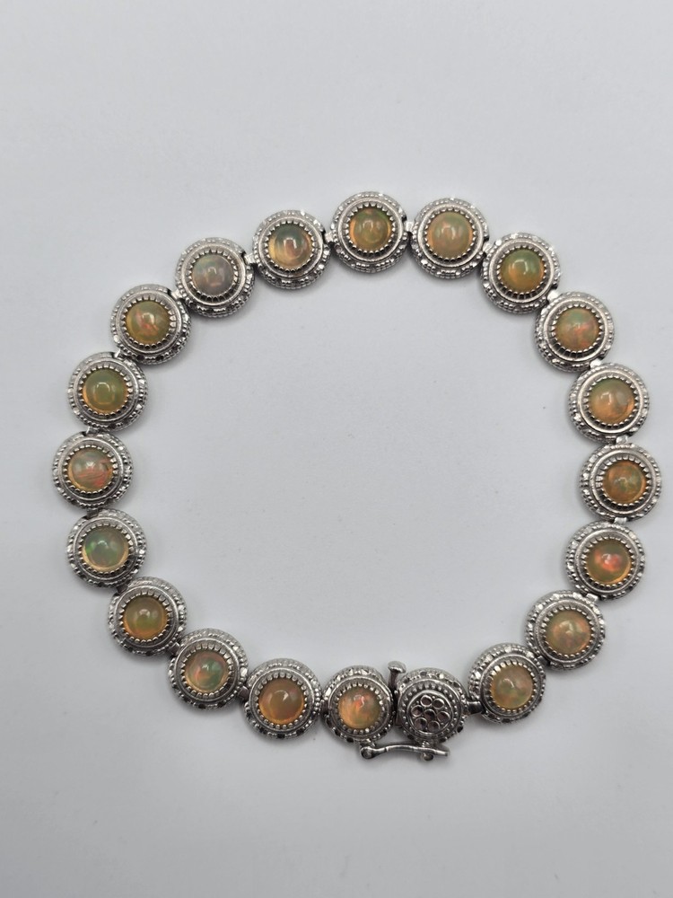 Vintage 925 Sterling Silver Natural Opal Beaded Bezel Link Bracelet 7″