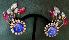 FANTASTIC VINTAGE HOBE 2 1/4” CLIP ON CLIMBERS EARRING COPPER FLUSS MULTI COLORS