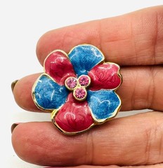 Lot VTG Red Mod Enamel Flower Brooch, Red Blue Earrings & Liz Claiborne Brooch