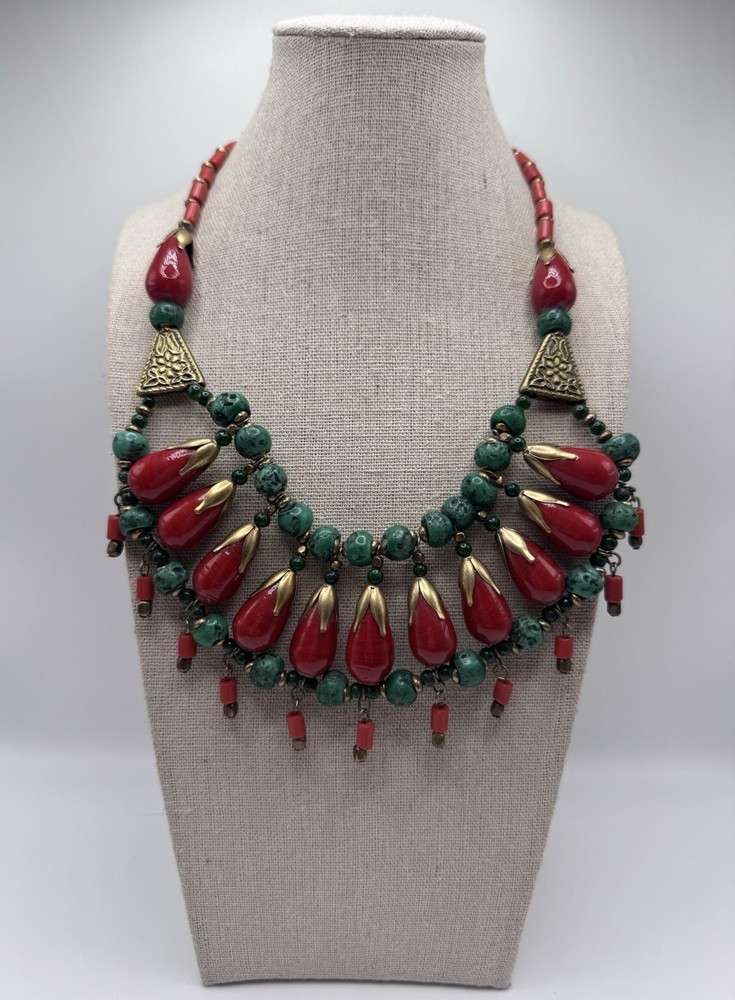 Vintage Tribal Boho Statement Necklace Brass Green Stone Red Glass