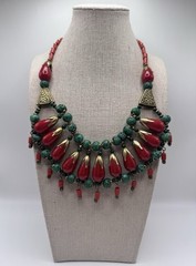 Vintage Tribal Boho Statement Necklace Brass Green Stone Red Glass