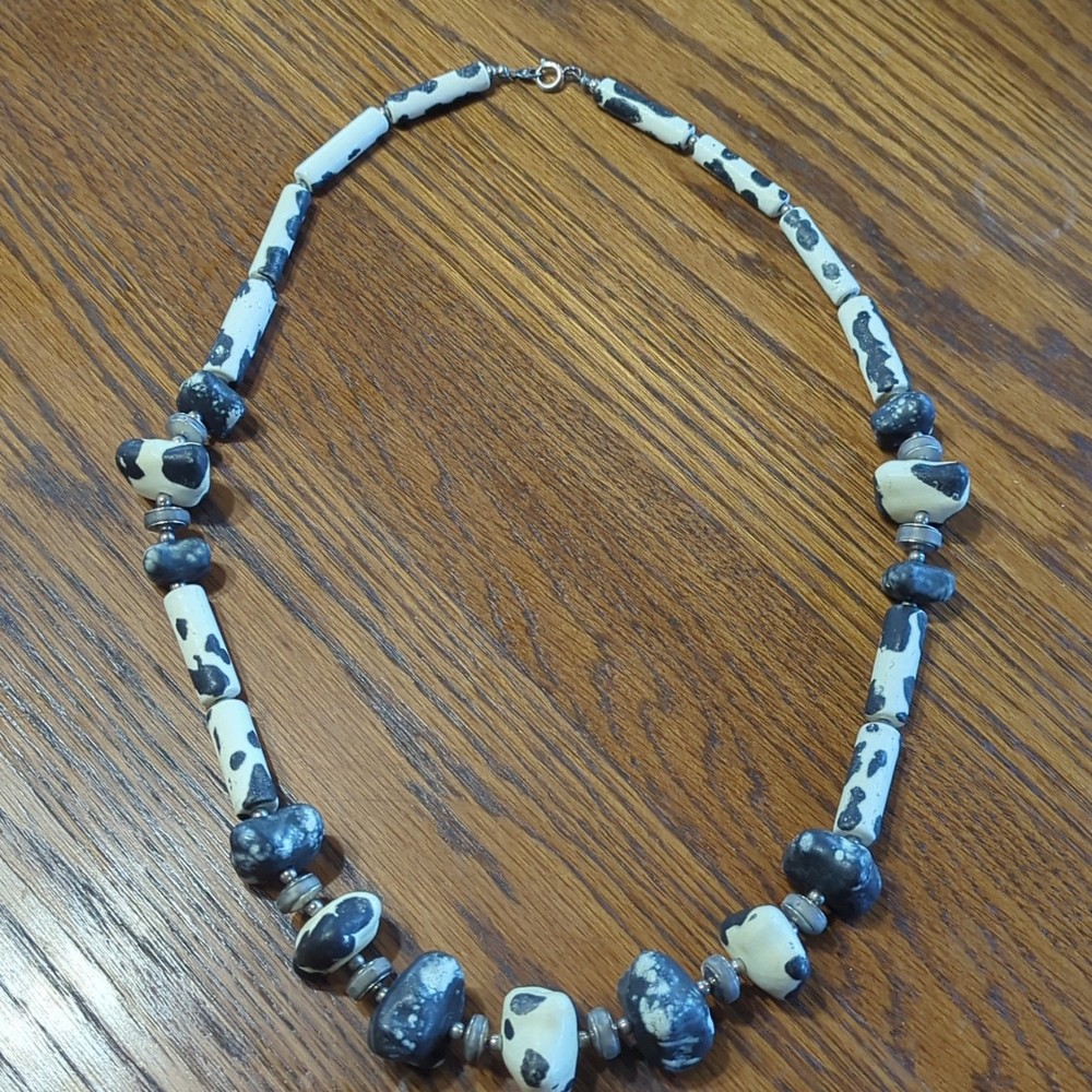 Chunky Vintage Stone Necklace Made In Japan 28″ Black and White
